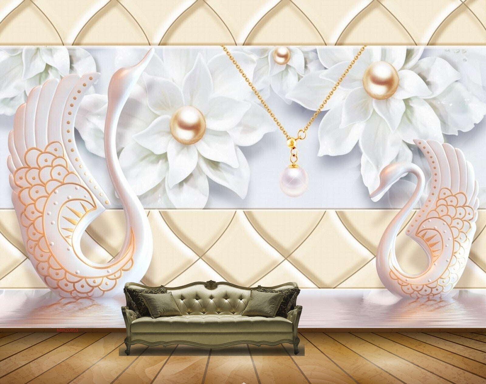 Avikalp MWZ0853 White Pearl Chain Flowers Cranes 3D HD Wallpaper Avikalp MWZ0853 White Pearl Chain Flowers Cranes 3D HD Wallpaper