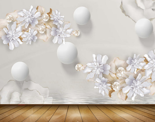 Avikalp MWZ0856 White Gold Flowers Leaves 3D HD Wallpaper