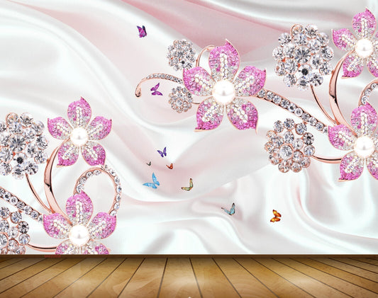 Avikalp MWZ0858 Pink Flowers Butterflies Leaves 3D HD Wallpaper