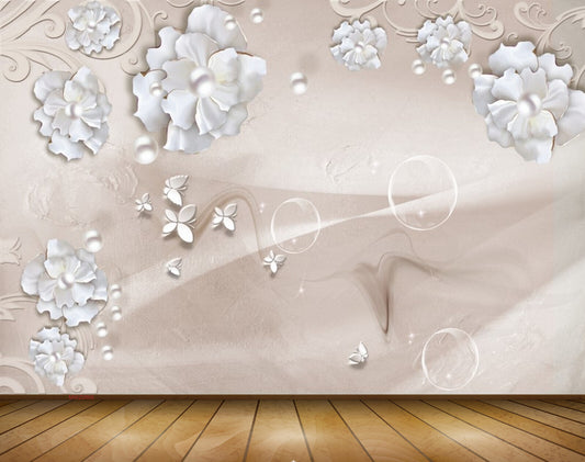 Avikalp MWZ0866 White Flowers Butterflies 3D HD Wallpaper