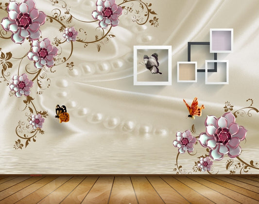 Avikalp MWZ0874 White Pink Flowers Branches Butterflies 3D HD Wallpaper