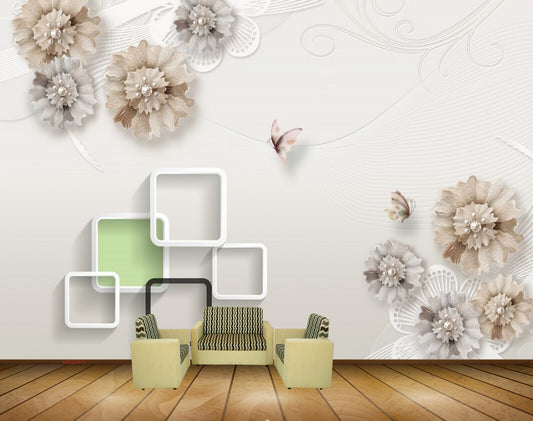 Avikalp MWZ0876 White Brown Flowers Butterflies HD Wallpaper