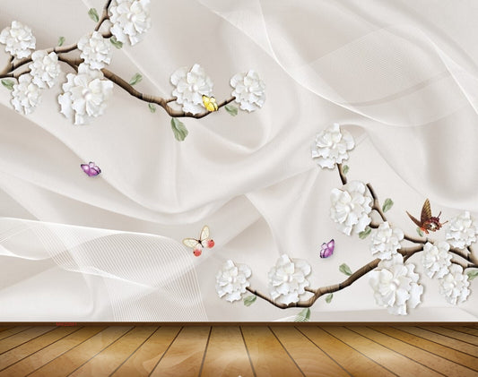 Avikalp MWZ0881 White Flowers Branches Butterflies 3D HD Wallpaper