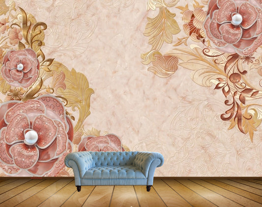 Avikalp MWZ0882 Pink Gold Flowers Leaves HD Wallpaper