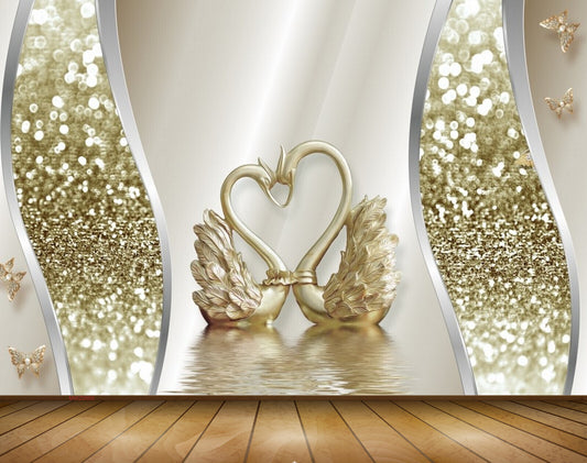 Avikalp MWZ0885 Golden Cranes Butterflies 3D HD Wallpaper