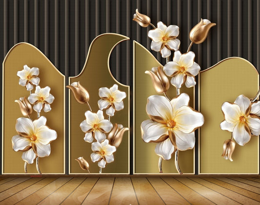Avikalp MWZ0891 White Golden Flowers 3D HD Wallpaper