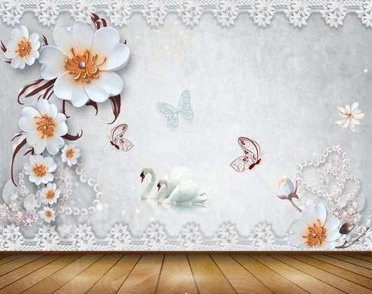 Avikalp MWZ0893 White Orange Flowers Butterflies 3D HD Wallpaper