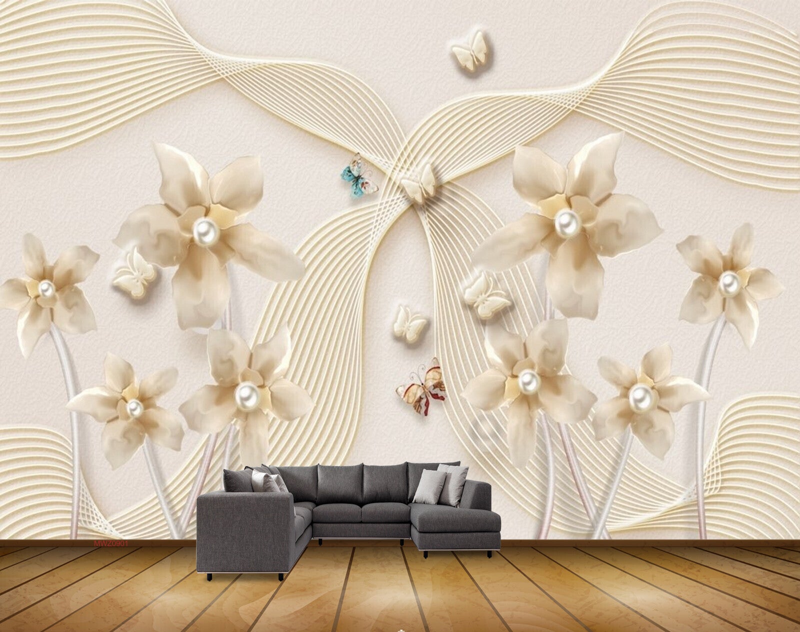 Avikalp MWZ0901 White Golden Flowers Butterflies 3D HD Wallpaper Avikalp MWZ0901 White Golden Flowers Butterflies 3D HD Wallpaper