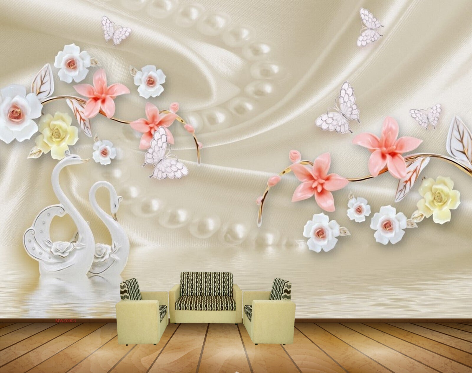 Avikalp MWZ0903 White Peach Flowers Cranes Butterflies 3D HD Wallpaper Avikalp MWZ0903 White Peach Flowers Cranes Butterflies 3D HD Wallpaper