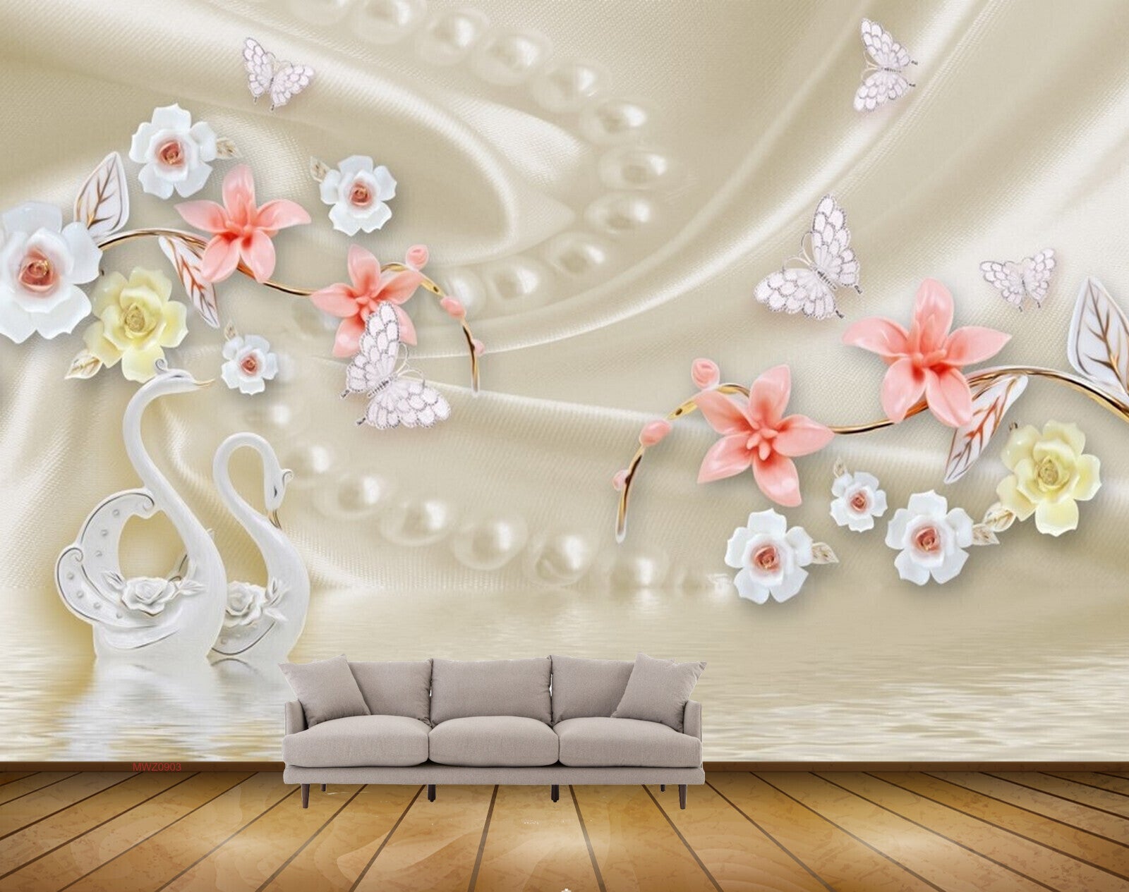 Avikalp MWZ0903 White Peach Flowers Cranes Butterflies 3D HD Wallpaper Avikalp MWZ0903 White Peach Flowers Cranes Butterflies 3D HD Wallpaper
