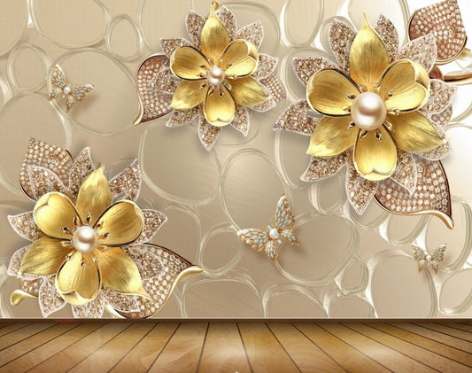 Avikalp MWZ0905 Golden Flowers Butterflies 3D HD Wallpaper