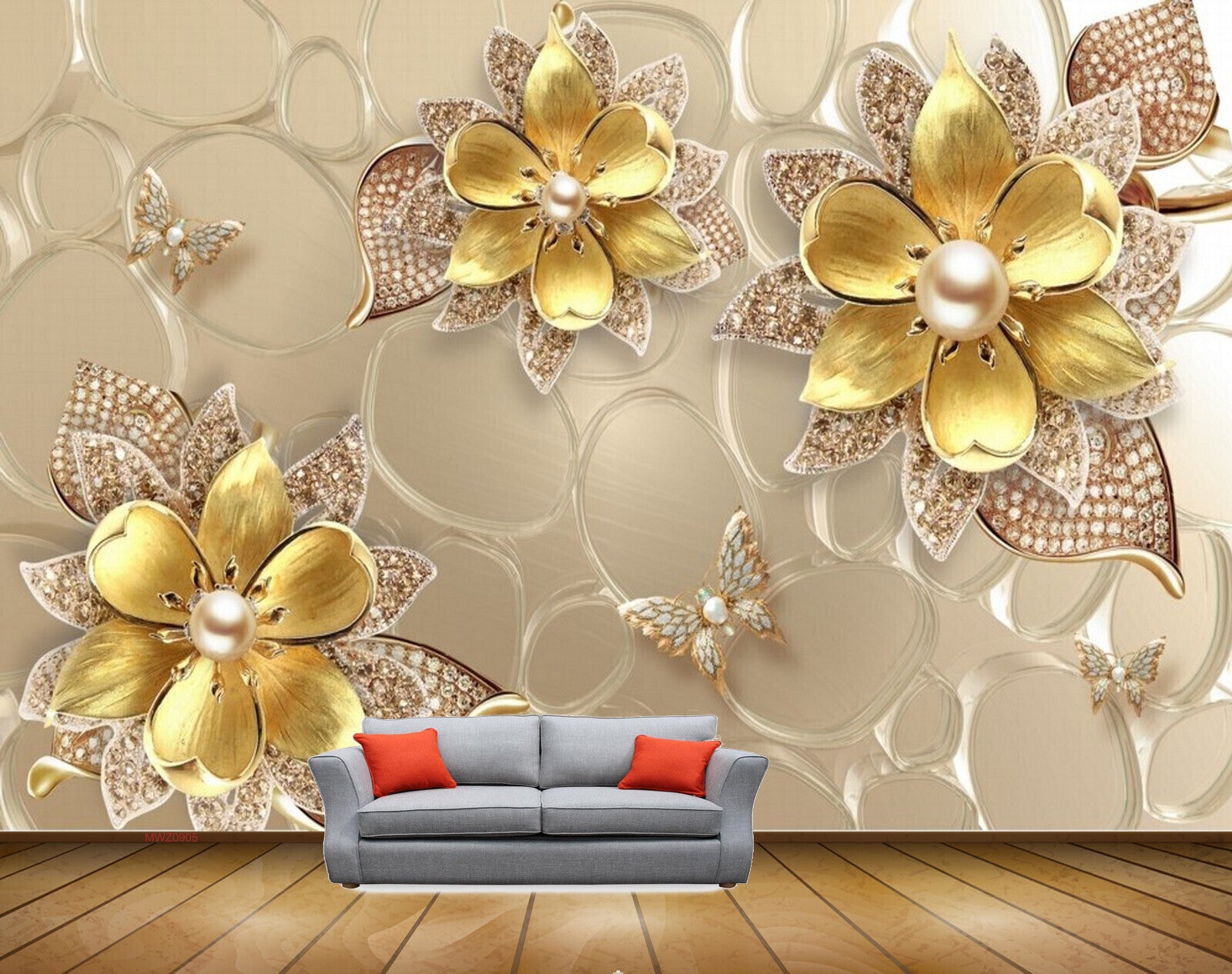 Avikalp MWZ0905 Golden Flowers Butterflies 3D HD Wallpaper Avikalp MWZ0905 Golden Flowers Butterflies 3D HD Wallpaper