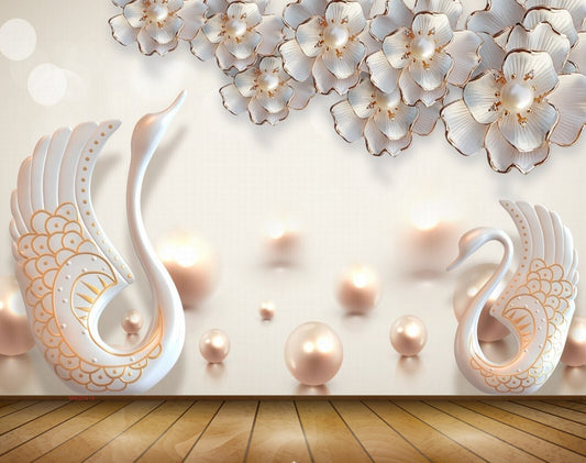 Avikalp MWZ0918 White Flowers Swans 3D HD Wallpaper