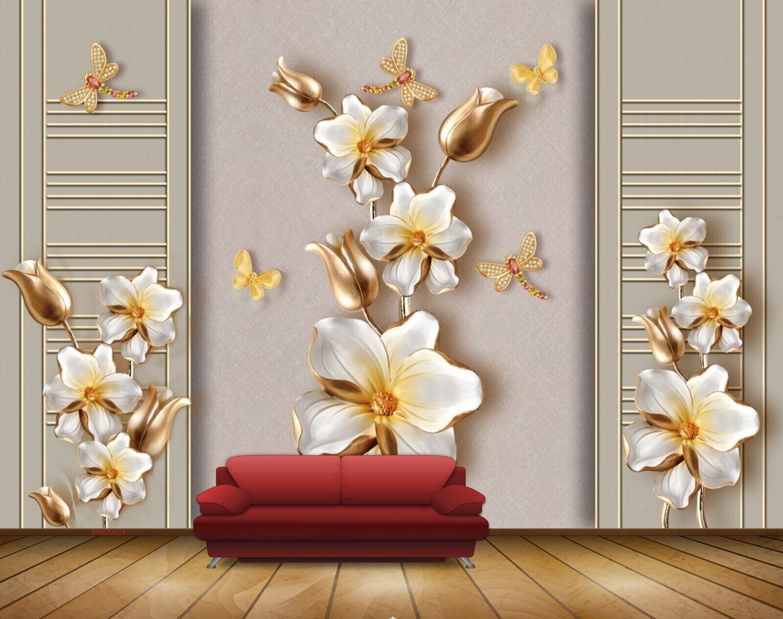 Avikalp MWZ0924 White Golden Flowers Butterflies 3D HD Wallpaper Avikalp MWZ0924 White Golden Flowers Butterflies 3D HD Wallpaper