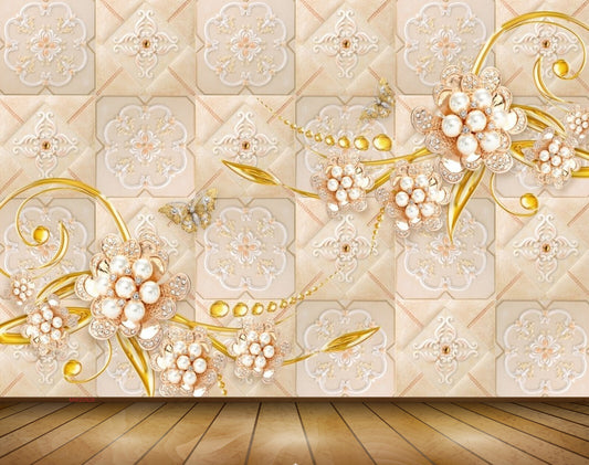Avikalp MWZ0928 Peach Golden Flowers Butterflies 3D HD Wallpaper