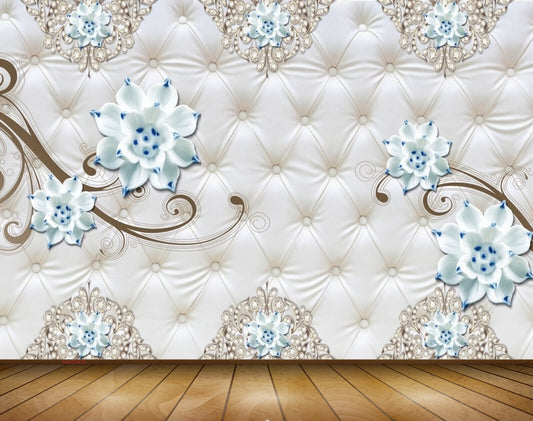 Avikalp MWZ0930 White Blue Flowers 3D HD Wallpaper