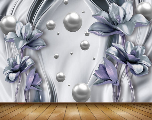 Avikalp MWZ0935 White Blue Flowers Pearls 3D HD Wallpaper