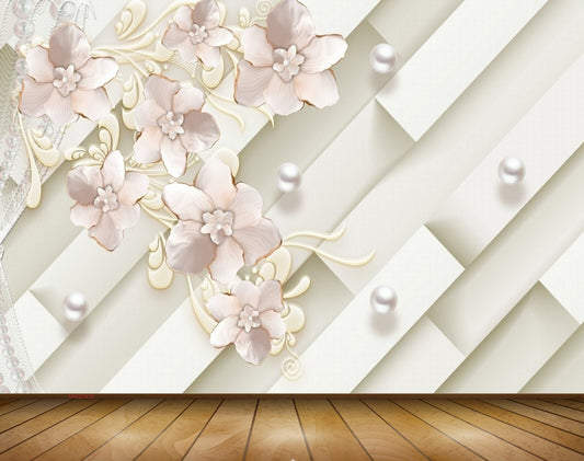 Avikalp MWZ0939 White Pink Flowers Pearls 3D HD Wallpaper