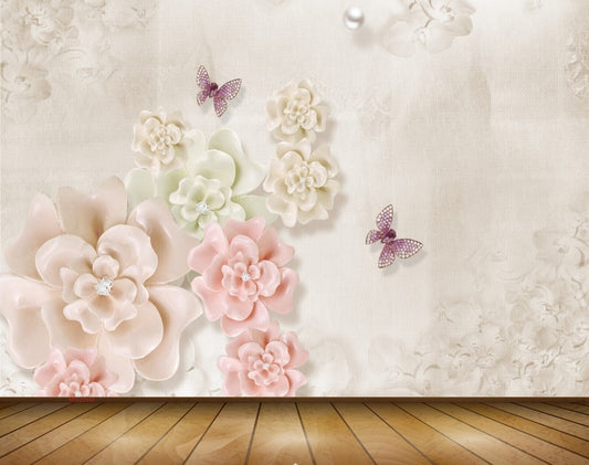 Avikalp MWZ0940 Pink White Flowers Butterflies 3D HD Wallpaper