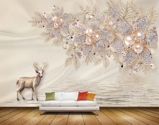 Avikalp MWZ0942 Deer White Golden Flowers HD Wallpaper