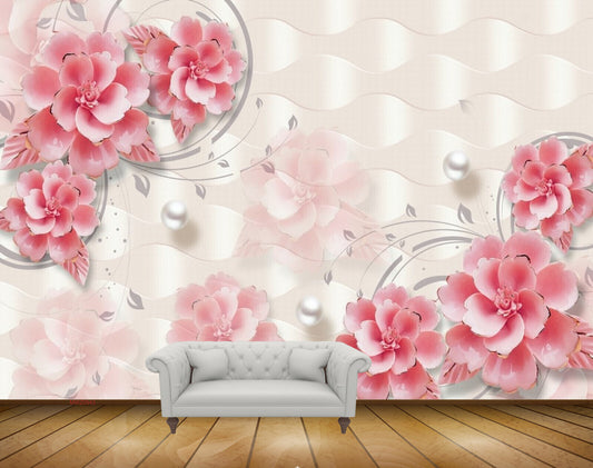 Avikalp MWZ0943 Pink Flowers Pearls Leaves HD Wallpaper