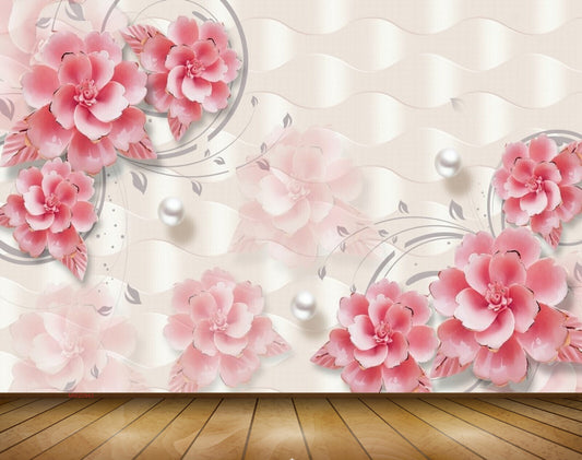 Avikalp MWZ0943 Pink Flowers Pearls Leaves 3D HD Wallpaper