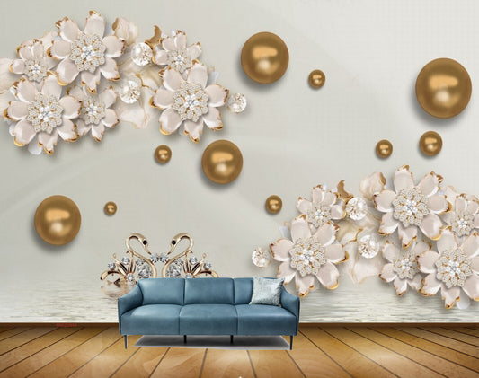 Avikalp MWZ0944 White Golden Flowers Pearls HD Wallpaper