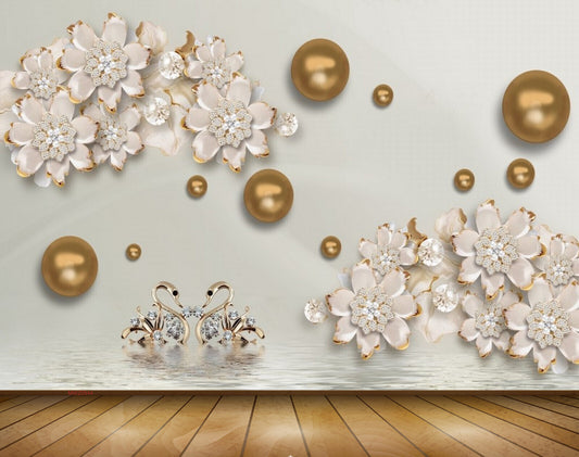 Avikalp MWZ0944 White Golden Flowers Pearls 3D HD Wallpaper