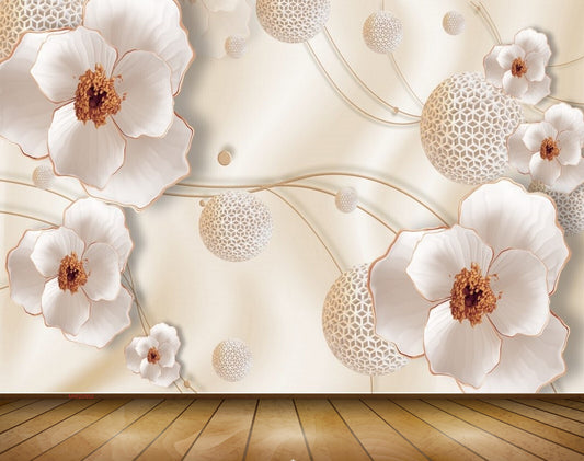 Avikalp MWZ0952 White Golden Flowers 3D HD Wallpaper