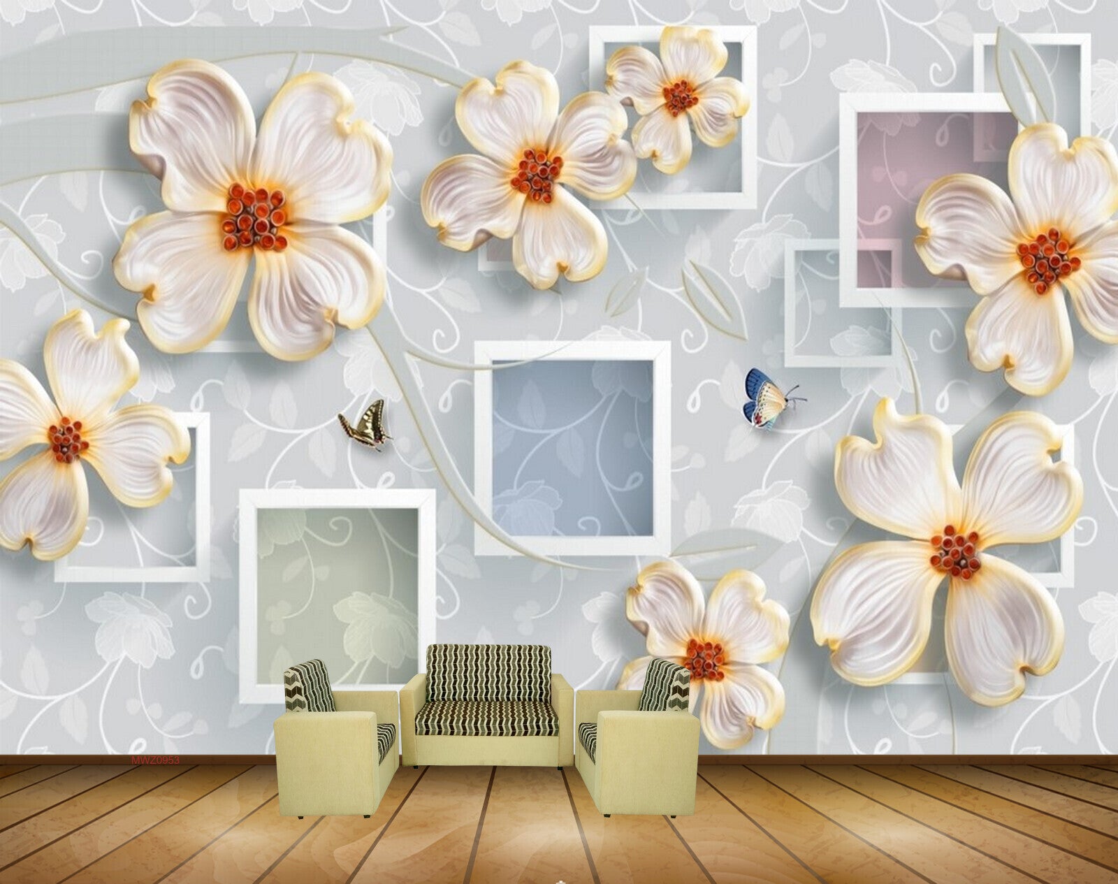 Avikalp MWZ0953 White Golden Flowers Butterflies HD Wallpaper Avikalp MWZ0953 White Golden Flowers Butterflies HD Wallpaper