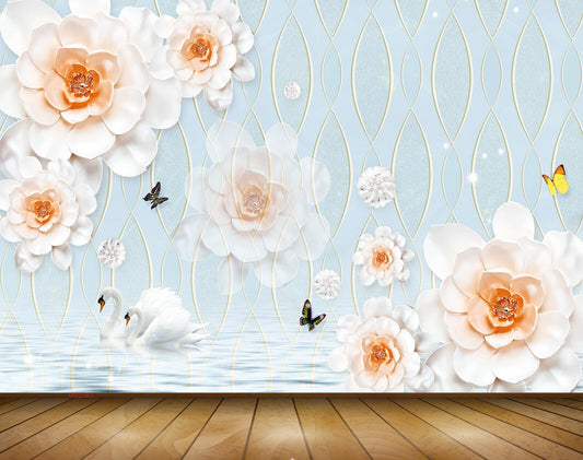 Avikalp MWZ0963 White Orange Flowers Butterflies Swans 3D HD Wallpaper