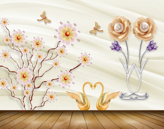 Avikalp MWZ0964 White Flowers Cranes Flies 3D HD Wallpaper