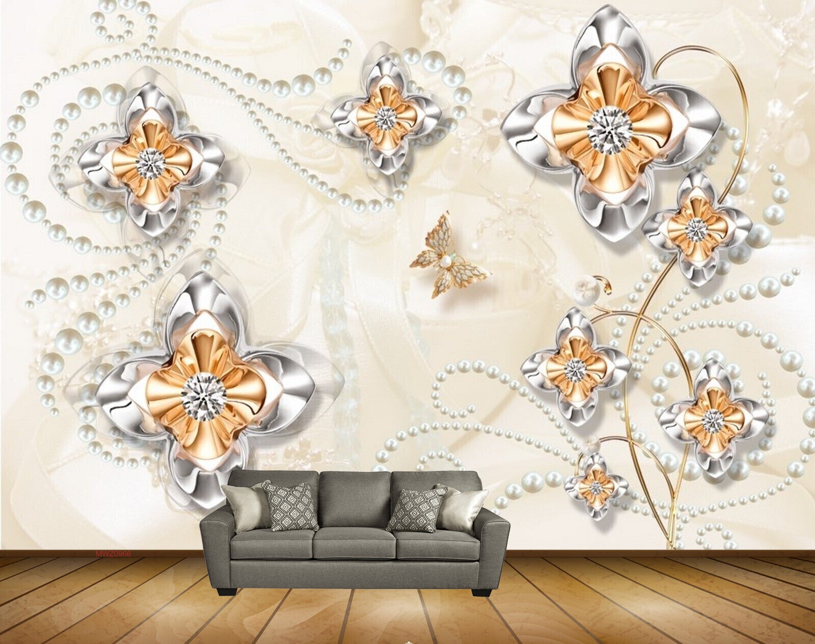 Avikalp MWZ0966 Silver Golden Flowers Butterflies HD Wallpaper Avikalp MWZ0966 Silver Golden Flowers Butterflies HD Wallpaper