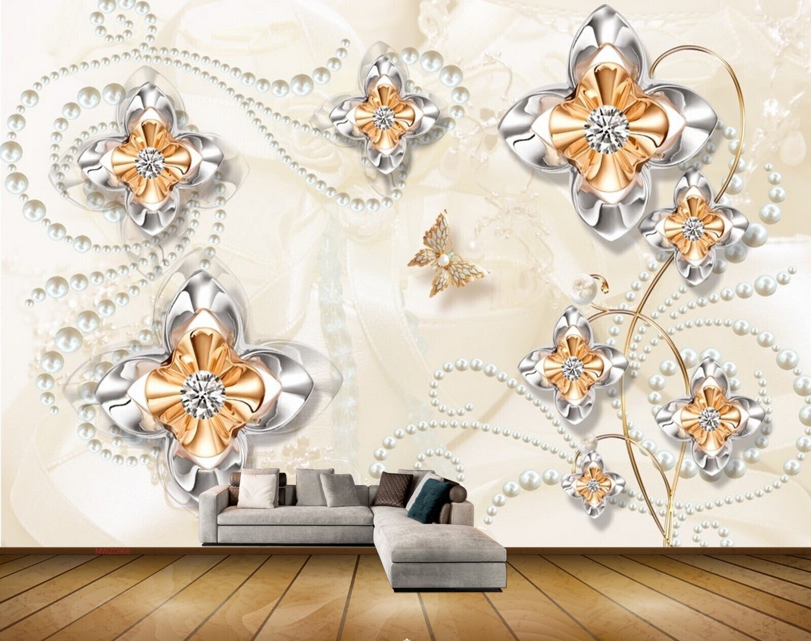 Avikalp MWZ0966 Silver Golden Flowers Butterflies 3D HD Wallpaper Avikalp MWZ0966 Silver Golden Flowers Butterflies 3D HD Wallpaper