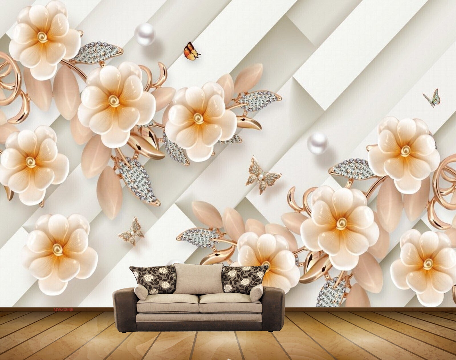 Avikalp MWZ0969 Golden White Flowers Butterflies Leaves HD Wallpaper Avikalp MWZ0969 Golden White Flowers Butterflies Leaves HD Wallpaper