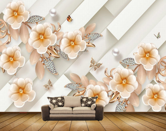 Avikalp MWZ0969 Golden White Flowers Butterflies Leaves HD Wallpaper