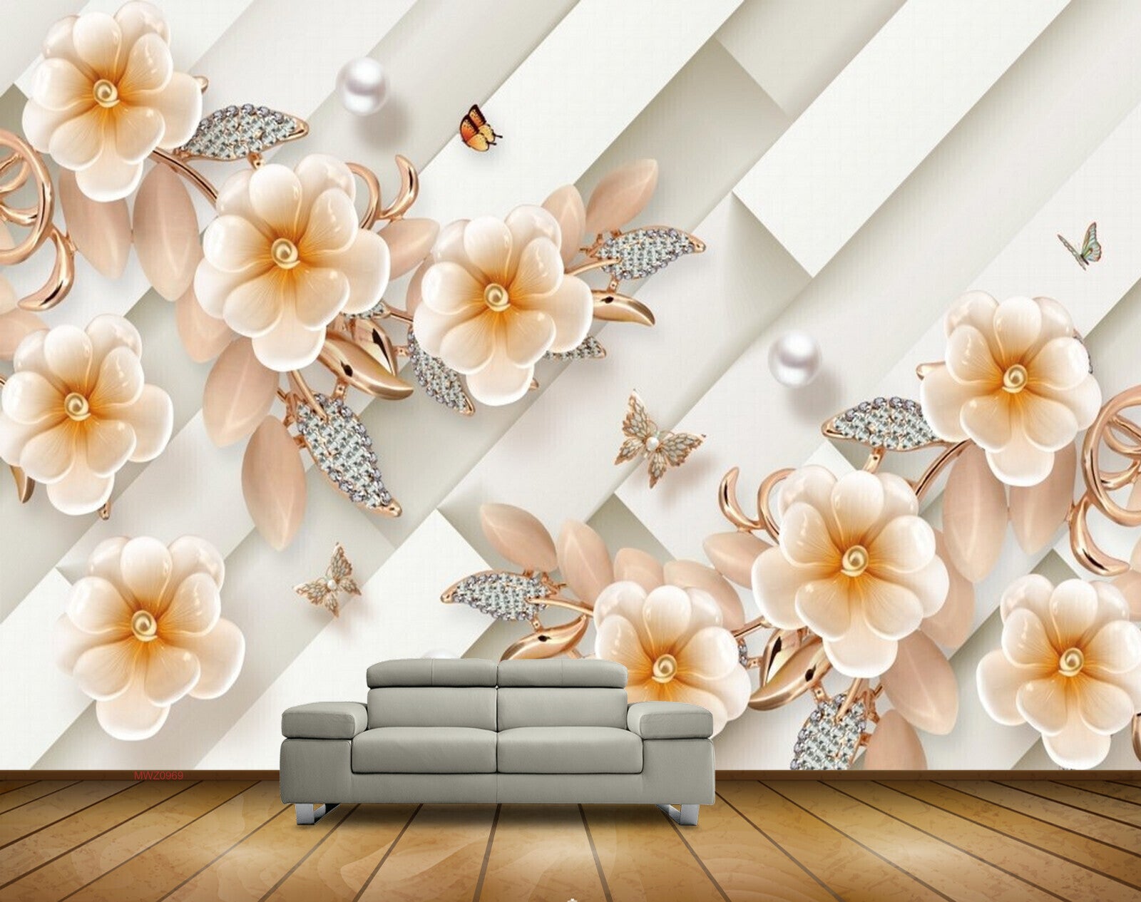 Avikalp MWZ0969 Golden White Flowers Butterflies Leaves 3D HD Wallpaper Avikalp MWZ0969 Golden White Flowers Butterflies Leaves 3D HD Wallpaper