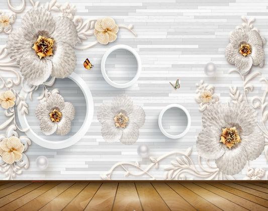 Avikalp MWZ0973 White Flowers Butterflies Leaves 3D HD Wallpaper