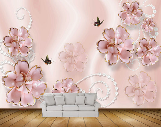 Avikalp MWZ0976 Pink Flowers Butterflies HD Wallpaper