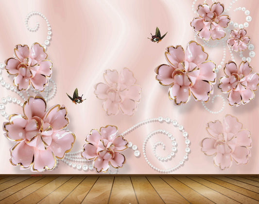Avikalp MWZ0976 Pink Flowers Butterflies 3D HD Wallpaper