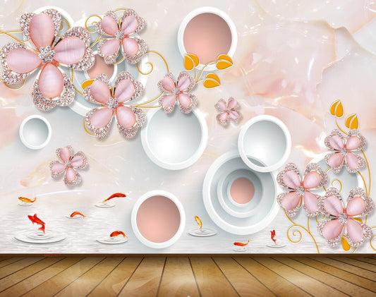 Avikalp MWZ0977 Pink Flowers Fishes 3D HD Wallpaper