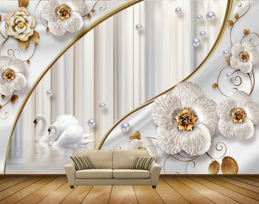 Avikalp MWZ0978 White Flowers Swans HD Wallpaper