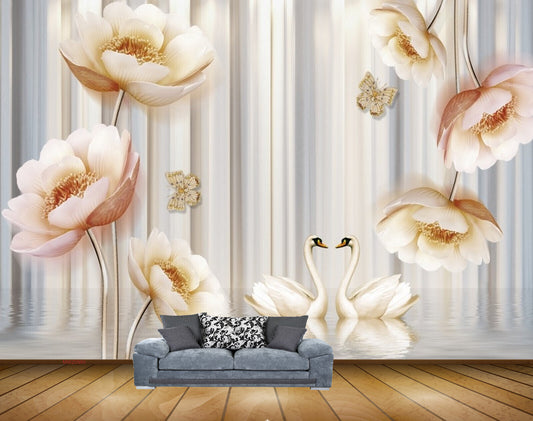 Avikalp MWZ0980 White Pink Flowers Butterflies Cranes HD Wallpaper