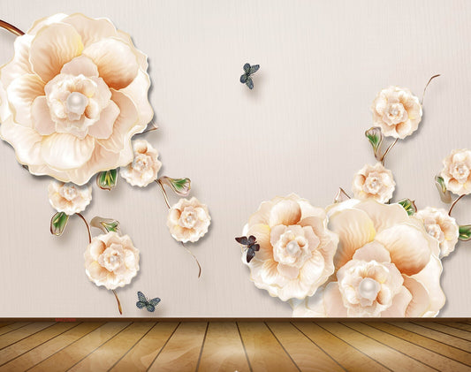 Avikalp MWZ0986 White Orange Flowers Butterflies 3D HD Wallpaper