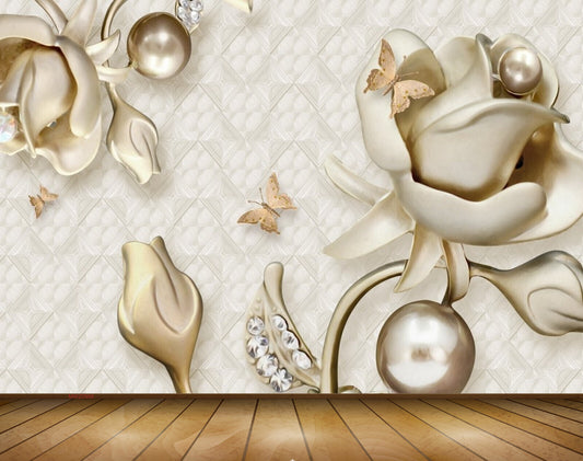 Avikalp MWZ0988 White Rose Flowers Butterflies 3D HD Wallpaper