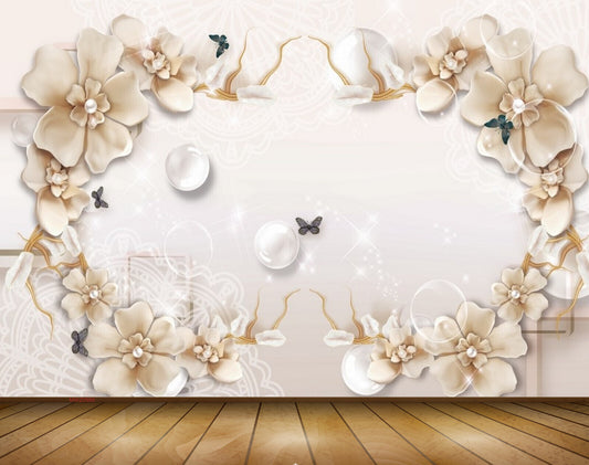 Avikalp MWZ0989 Cream Flowers Butterflies 3D HD Wallpaper