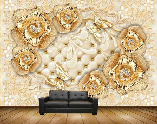 Avikalp MWZ0990 Golden Flowers Butterflies HD Wallpaper