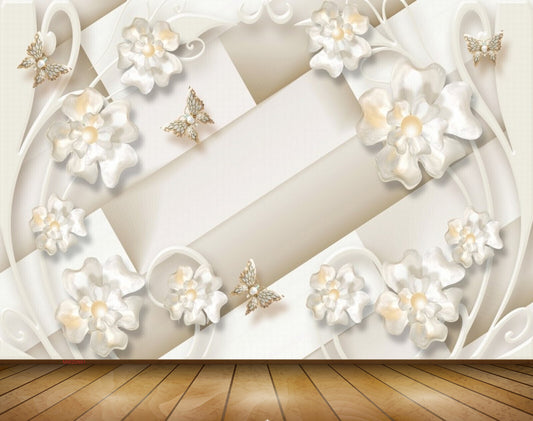 Avikalp MWZ0991 White Flowers Butterflies 3D HD Wallpaper
