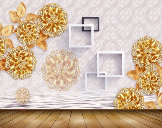 Avikalp MWZ0994 Golden Flowers Leaves 3D HD Wallpaper