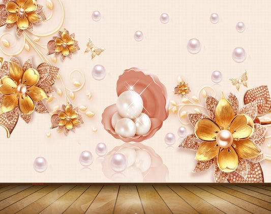 Avikalp MWZ0996 Golden Flowers Butterflies Pearls 3D HD Wallpaper